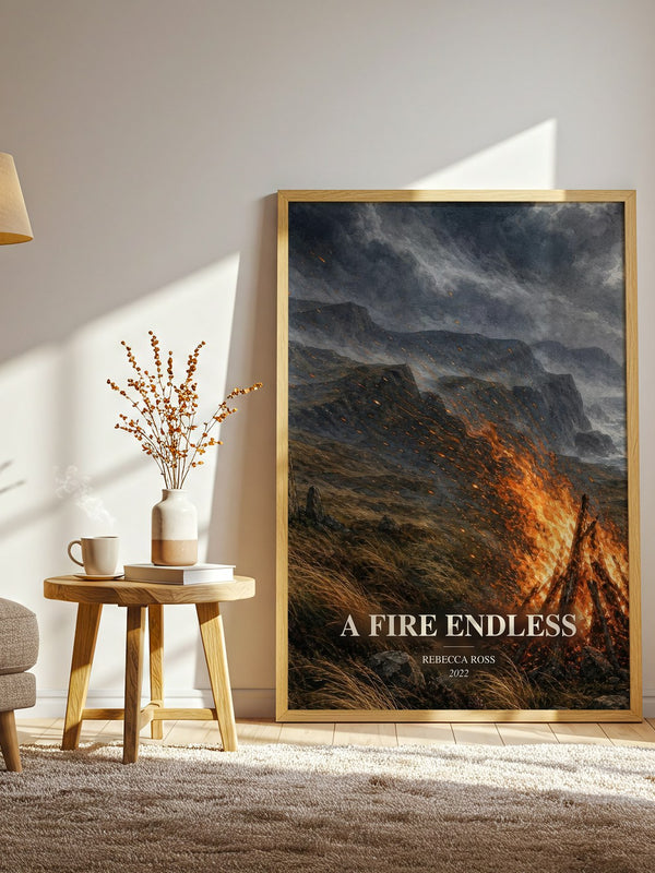 A Fire Endless watercolour print in frame leaning in hallway – fantasy wall art