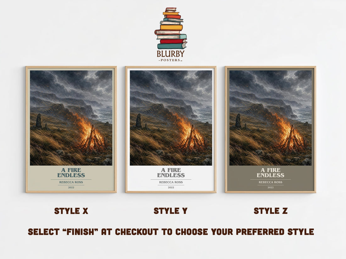 A Fire Endless book cover print in frame leaning in hallway – fantasy wall art (mockup)