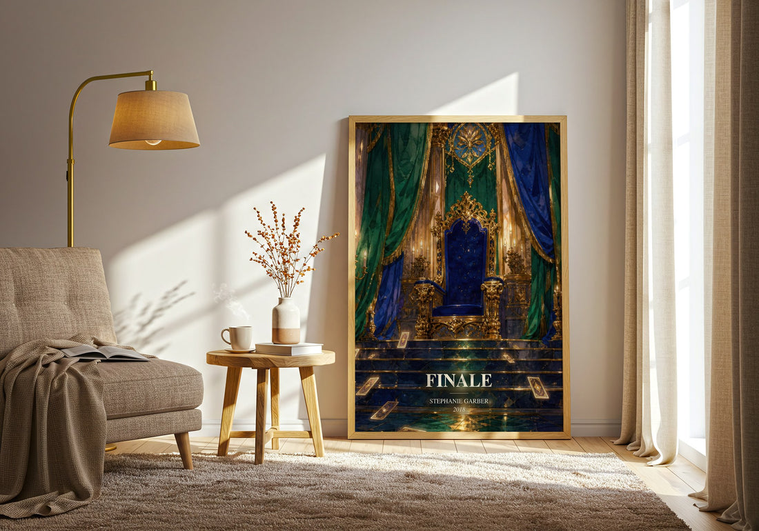 Finale watercolour print in frame leaning in hallway – fantasy wall art (mockup)