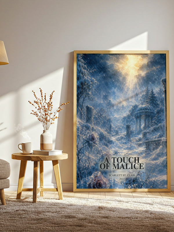 A Touch of Malice watercolour print in frame leaning in hallway – fantasy wall art