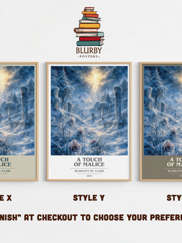 A Touch of Malice book cover print in frame leaning in hallway – fantasy wall art