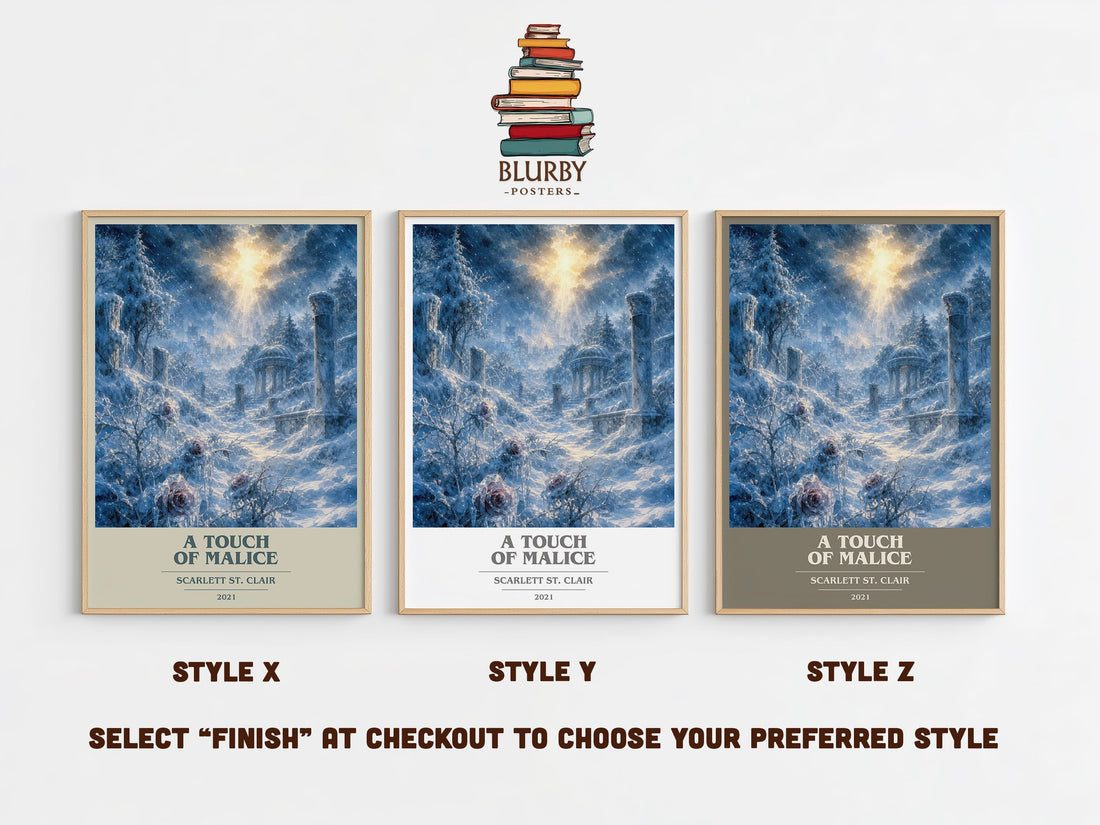 A Touch of Malice book cover print in frame leaning in hallway – fantasy wall art (mockup)