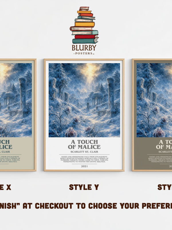 A Touch of Malice bookish print in frame leaning in hallway – fantasy wall art