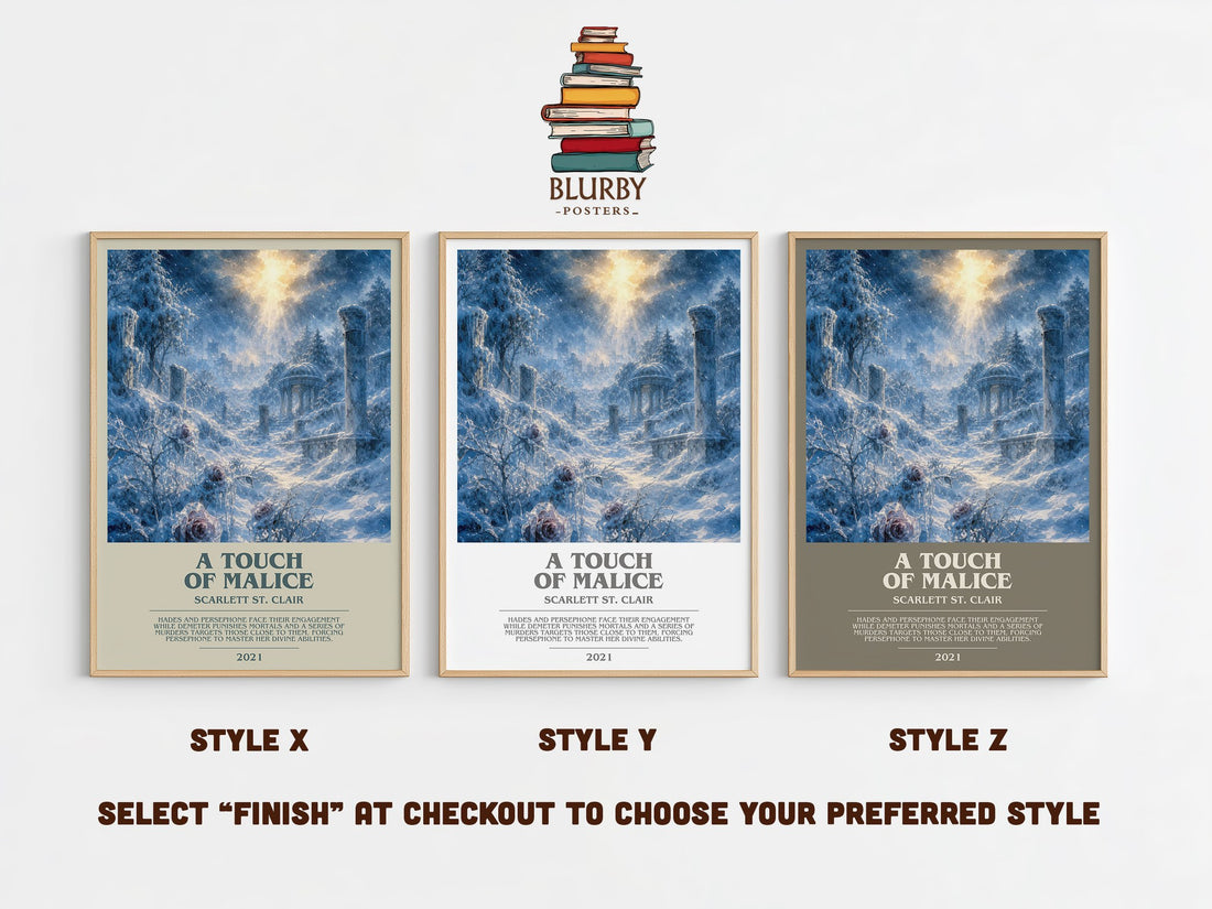 A Touch of Malice bookish print in frame leaning in hallway – fantasy wall art (mockup)