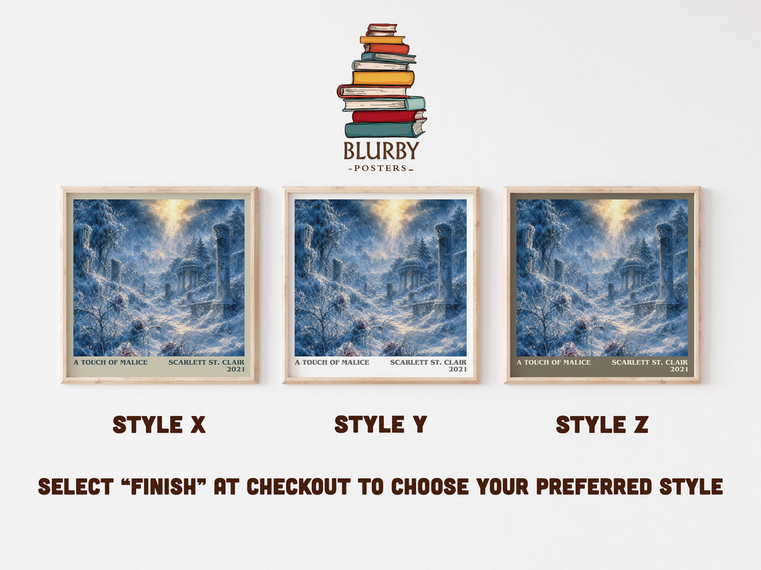 A Touch of Malice literary print in frame leaning in hallway – fantasy wall art (mockup)