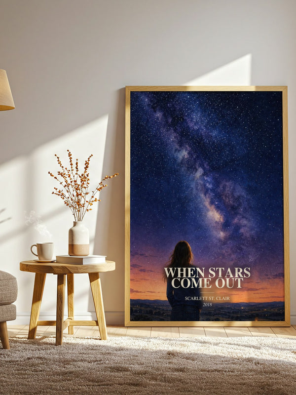 When Stars Come Out watercolour print in frame leaning in hallway – fantasy wall art