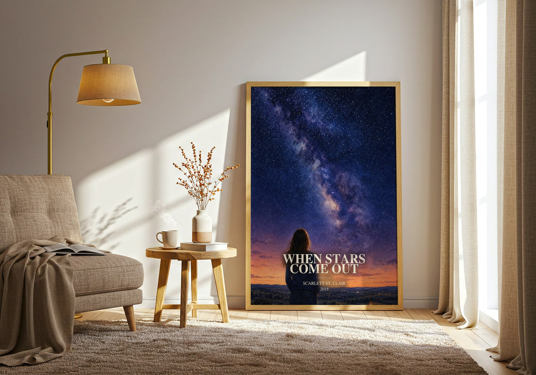 When Stars Come Out watercolour print in frame leaning in hallway – fantasy wall art (mockup)