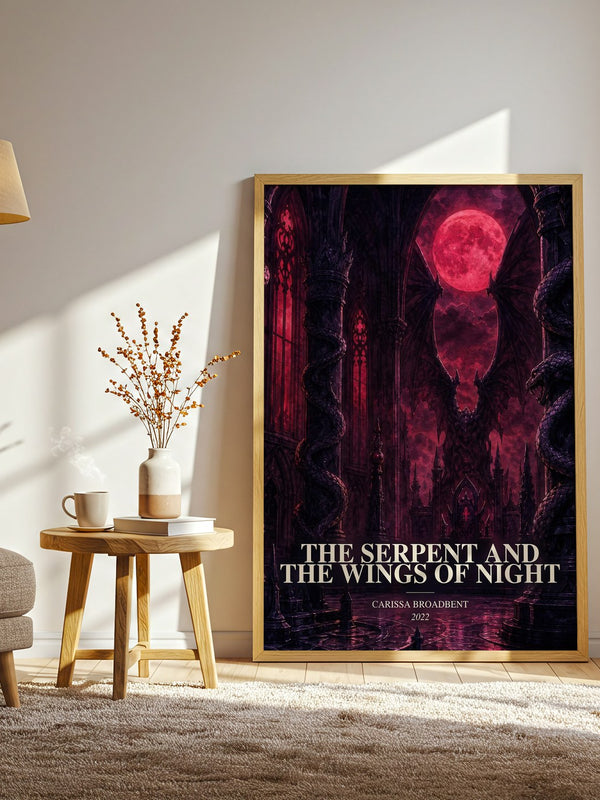The Serpent and the Wings of Night watercolour print in frame leaning in hallway – fantasy wall art