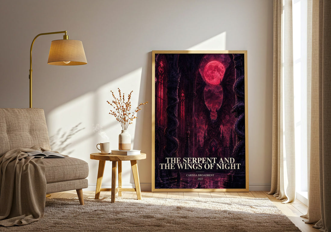The Serpent and the Wings of Night watercolour print in frame leaning in hallway – fantasy wall art (mockup)