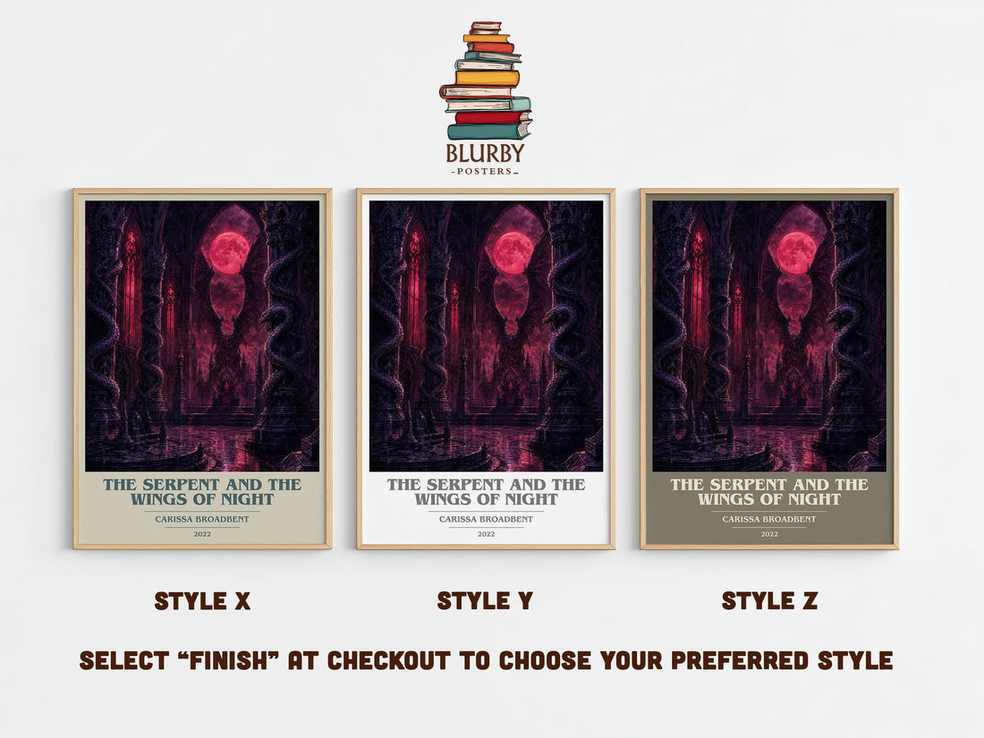 The Serpent and the Wings of Night book cover print in frame leaning in hallway – fantasy wall art (mockup)