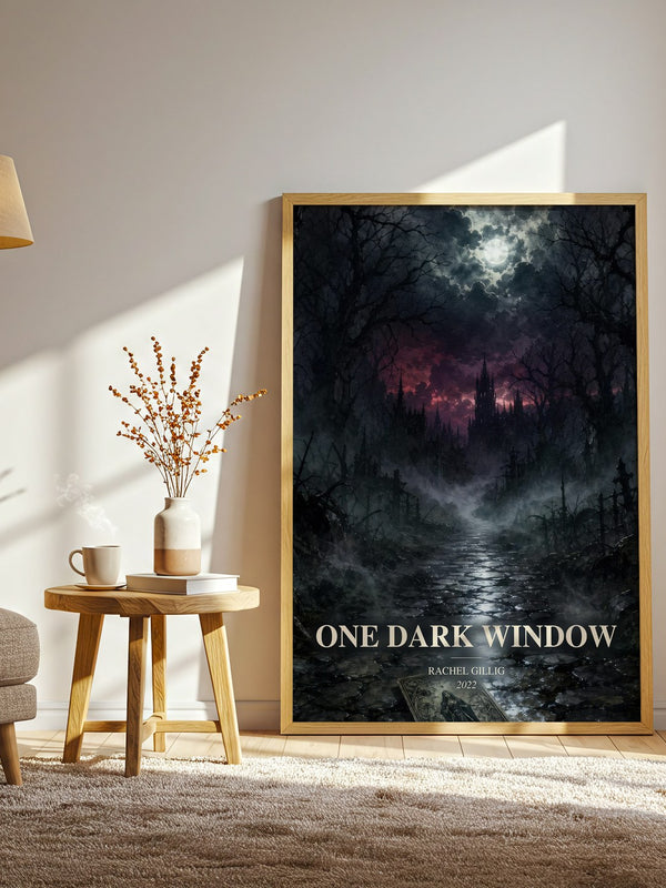 One Dark Window watercolour print in frame leaning in hallway – fantasy wall art
