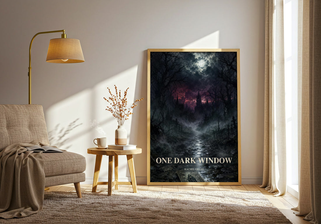One Dark Window watercolour print in frame leaning in hallway – fantasy wall art (mockup)