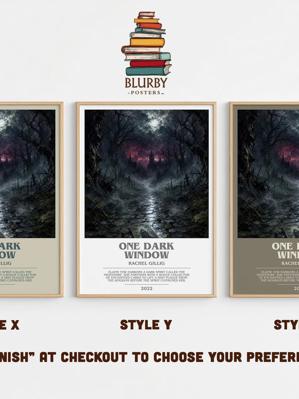 One Dark Window bookish print in frame leaning in hallway – fantasy wall art