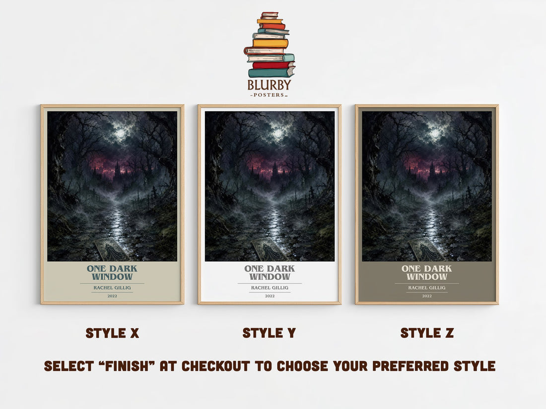 One Dark Window book cover print in frame leaning in hallway – fantasy wall art (mockup)