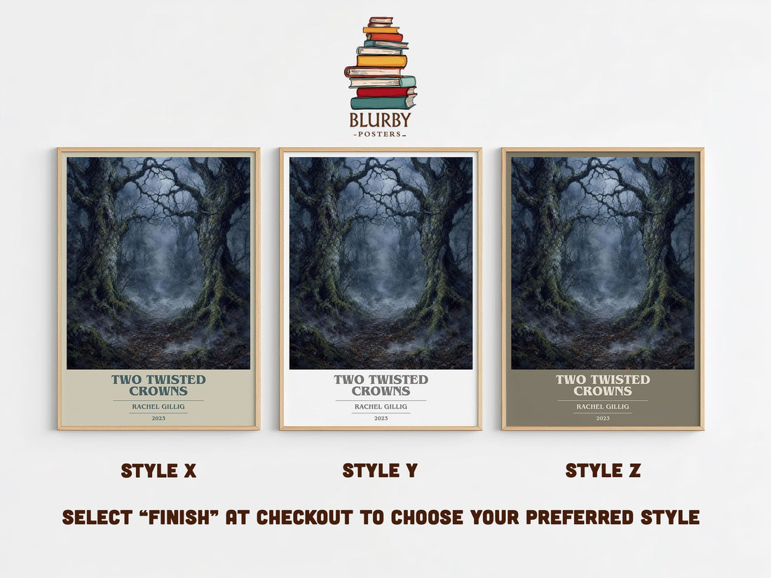 Two Twisted Crowns book cover print in frame leaning in hallway – fantasy wall art (mockup)