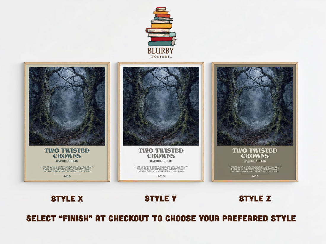 Two Twisted Crowns bookish print in frame leaning in hallway – fantasy wall art (mockup)