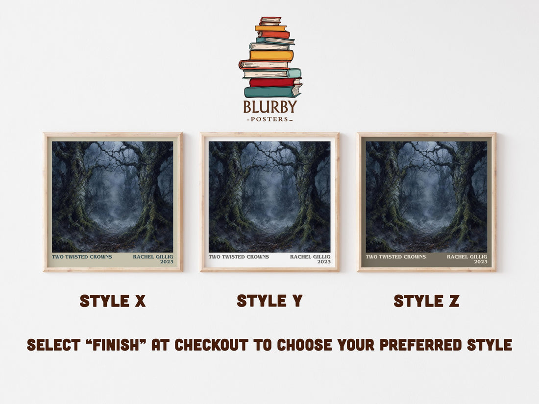 Two Twisted Crowns literary print in frame leaning in hallway – fantasy wall art (mockup)