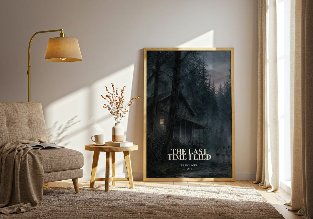 The Last Time I Lied watercolour print in frame leaning in hallway – thriller wall art (mockup)