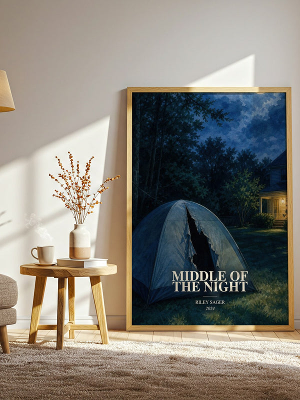Middle of the Night watercolour print in frame leaning in hallway – thriller wall art