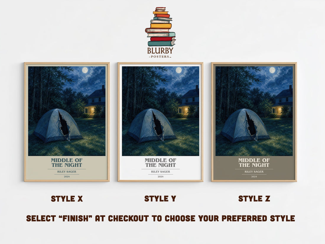 Middle of the Night book cover print in frame leaning in hallway – thriller wall art (mockup)