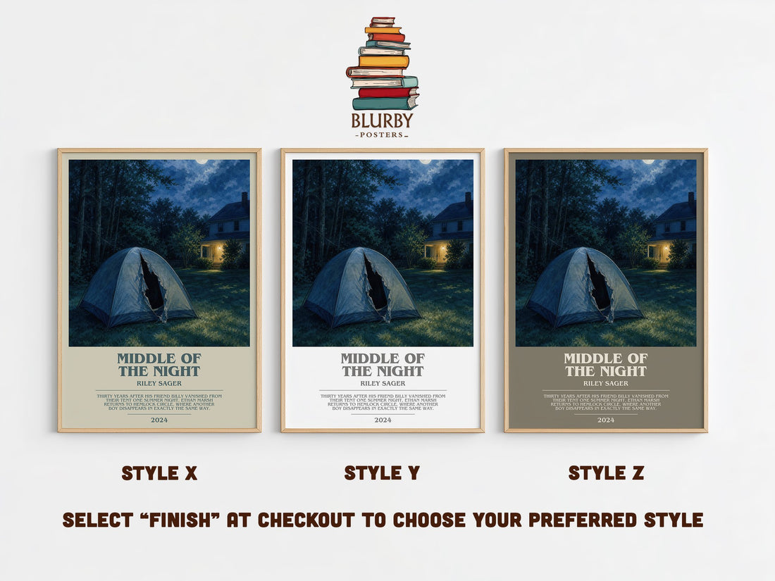 Middle of the Night bookish print in frame leaning in hallway – thriller wall art (mockup)