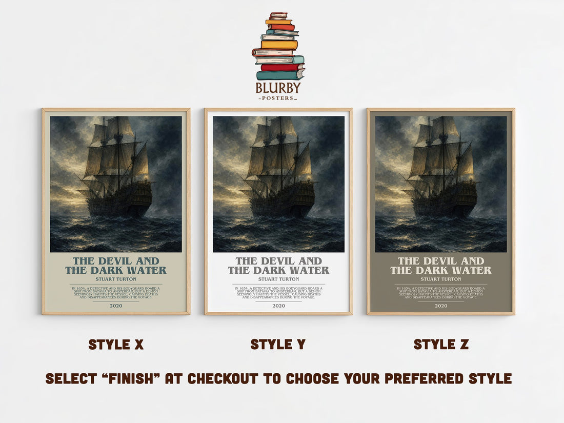 The Devil and the Dark Water bookish print in frame leaning in hallway – mystery wall art (mockup)