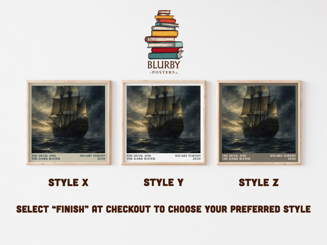 The Devil and the Dark Water literary print in frame leaning in hallway – mystery wall art (mockup)