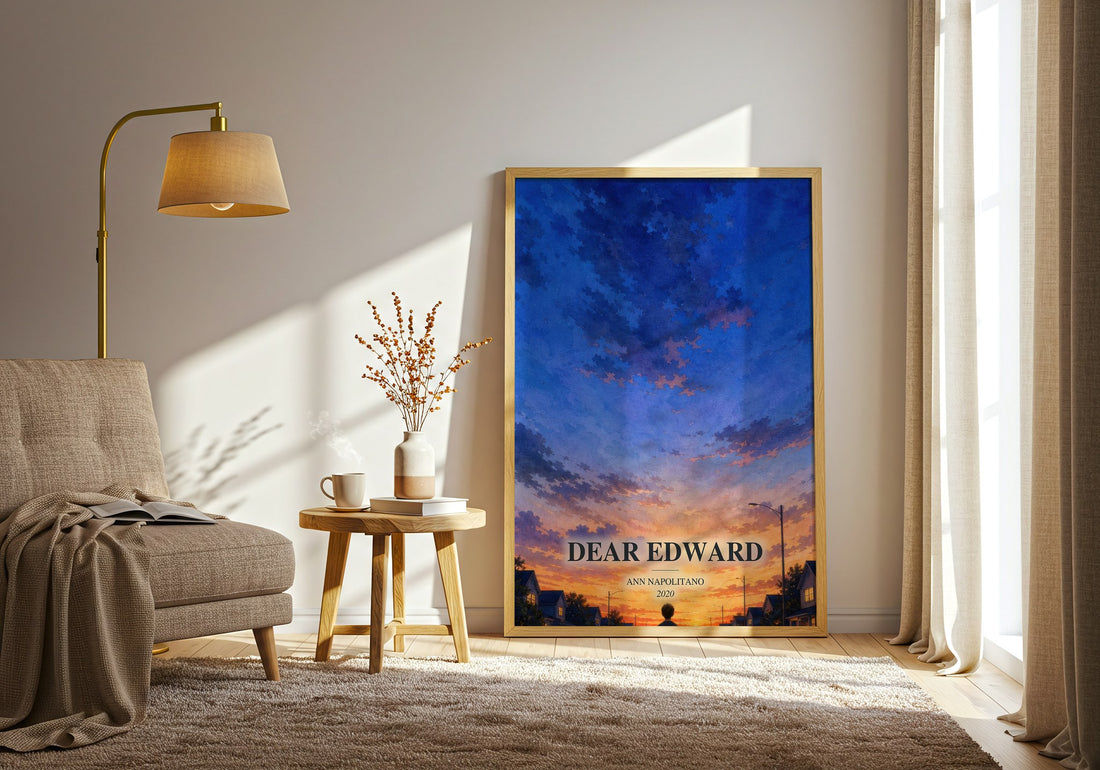 Dear Edward watercolour print in frame leaning in hallway – contemporary fiction wall art (mockup)