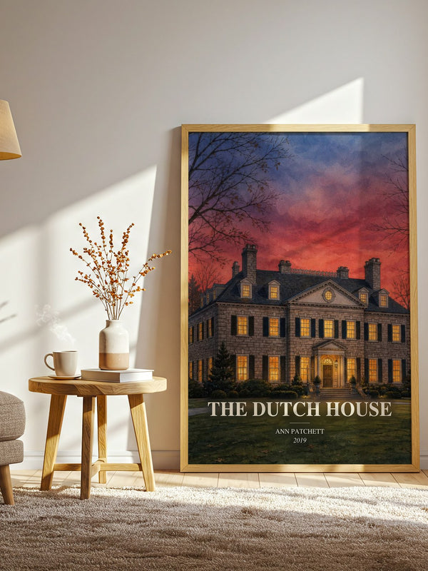 The Dutch House watercolour print in frame leaning in hallway – contemporary fiction wall art