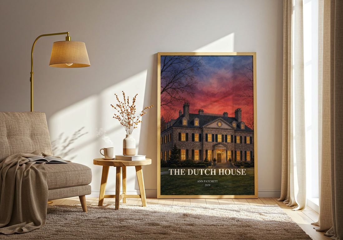 The Dutch House watercolour print in frame leaning in hallway – contemporary fiction wall art (mockup)