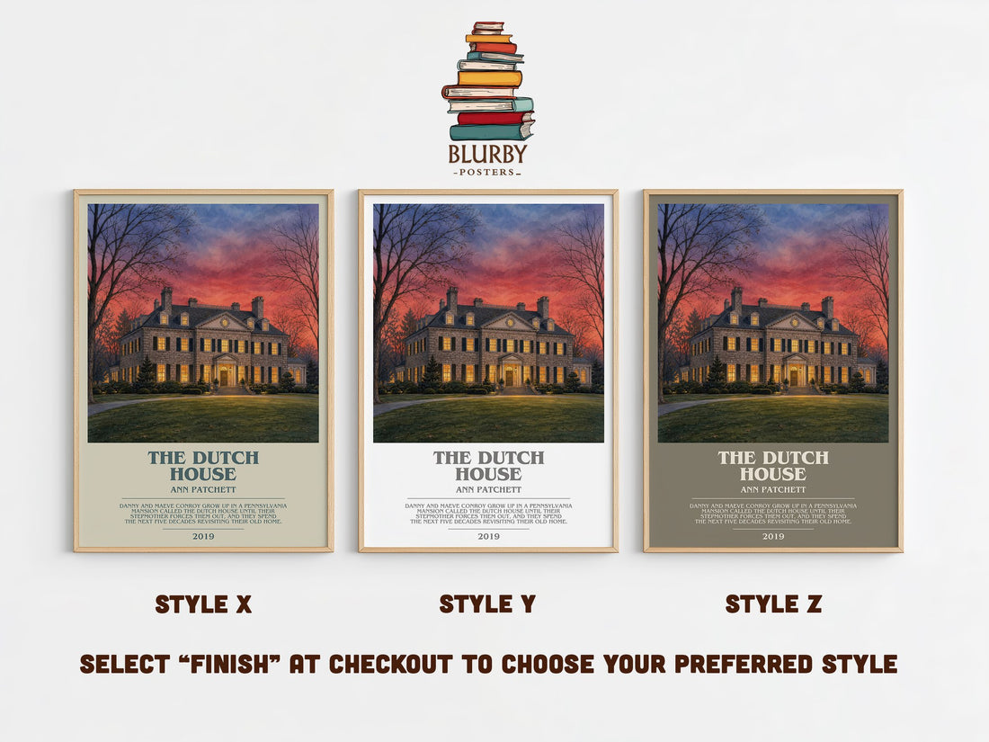 The Dutch House bookish print in frame leaning in hallway – contemporary fiction wall art (mockup)