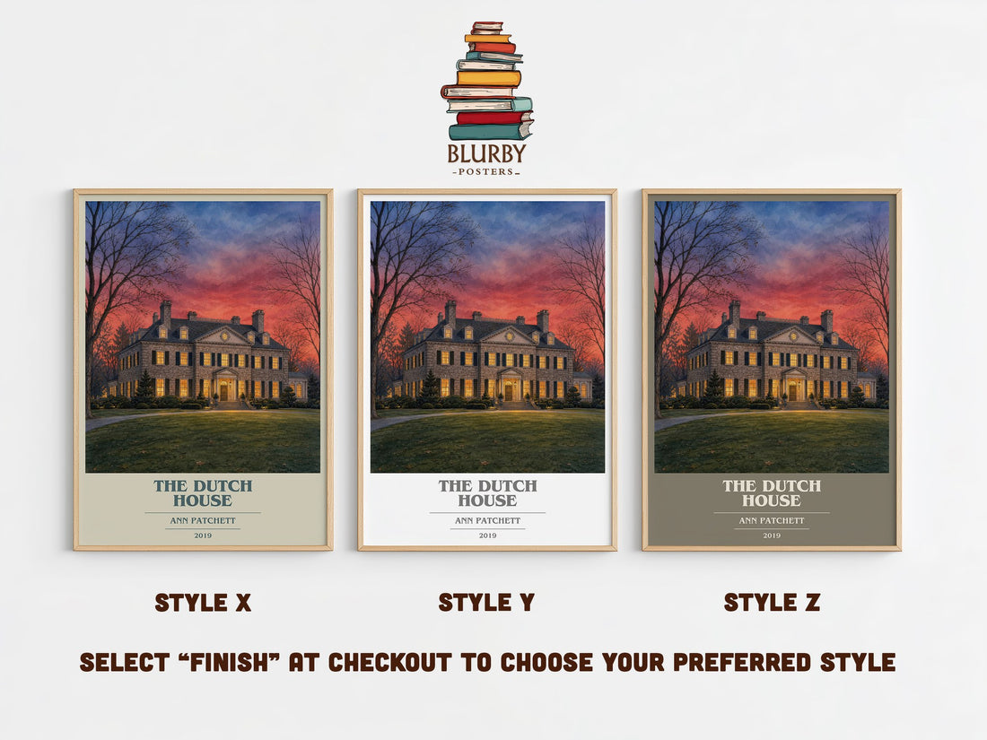 The Dutch House book cover print in frame leaning in hallway – contemporary fiction wall art (mockup)