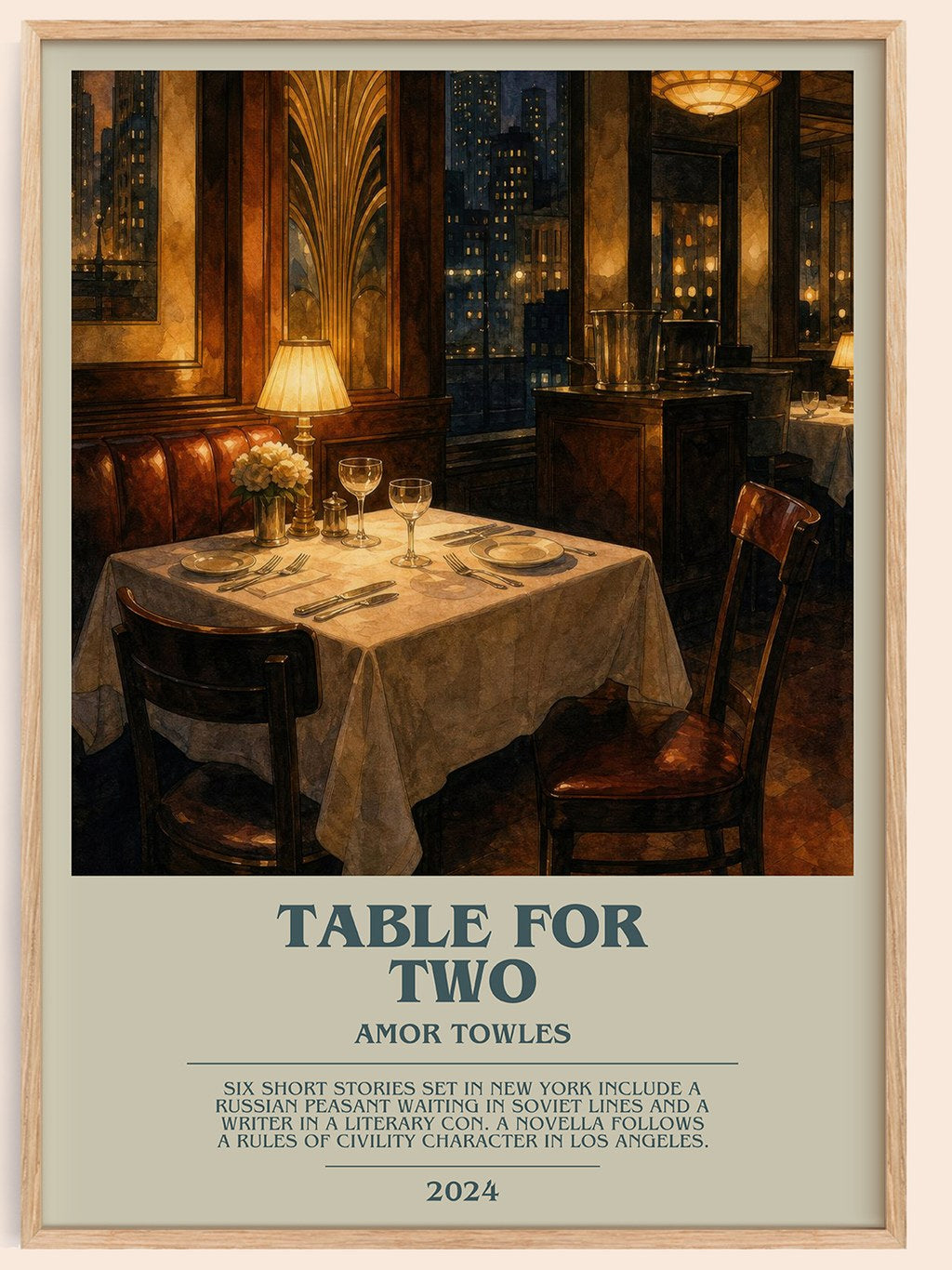 Table for Two bookish book poster by Amor Towles – framed literary art print