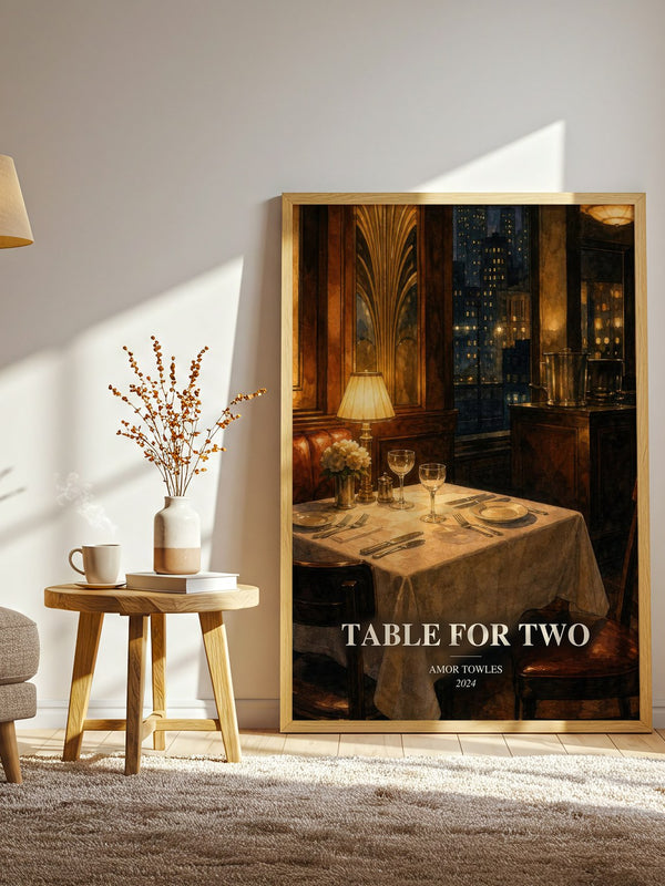Table for Two watercolour print in frame leaning in hallway – literary fiction wall art