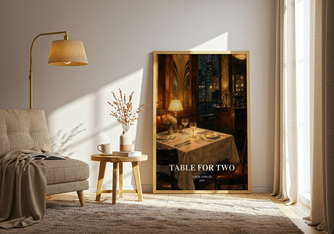 Table for Two watercolour print in frame leaning in hallway – literary fiction wall art (mockup)