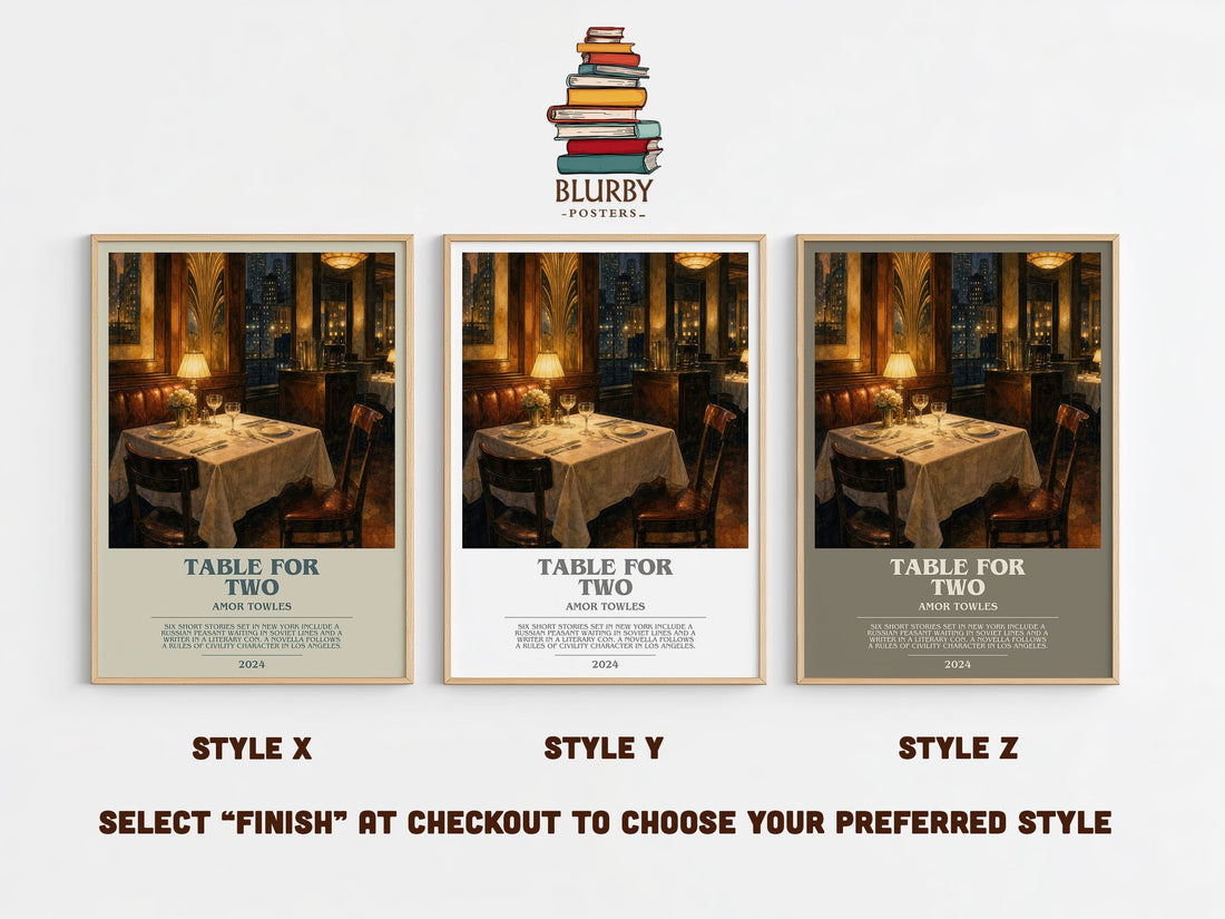 Table for Two bookish print in frame leaning in hallway – literary fiction wall art (mockup)