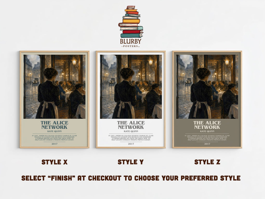 The Alice Network bookish print in frame leaning in hallway – historical fiction wall art (mockup)