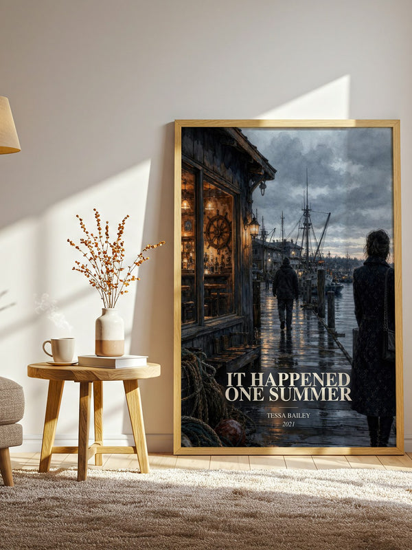 It Happened One Summer watercolour print in frame leaning in hallway – romance wall art