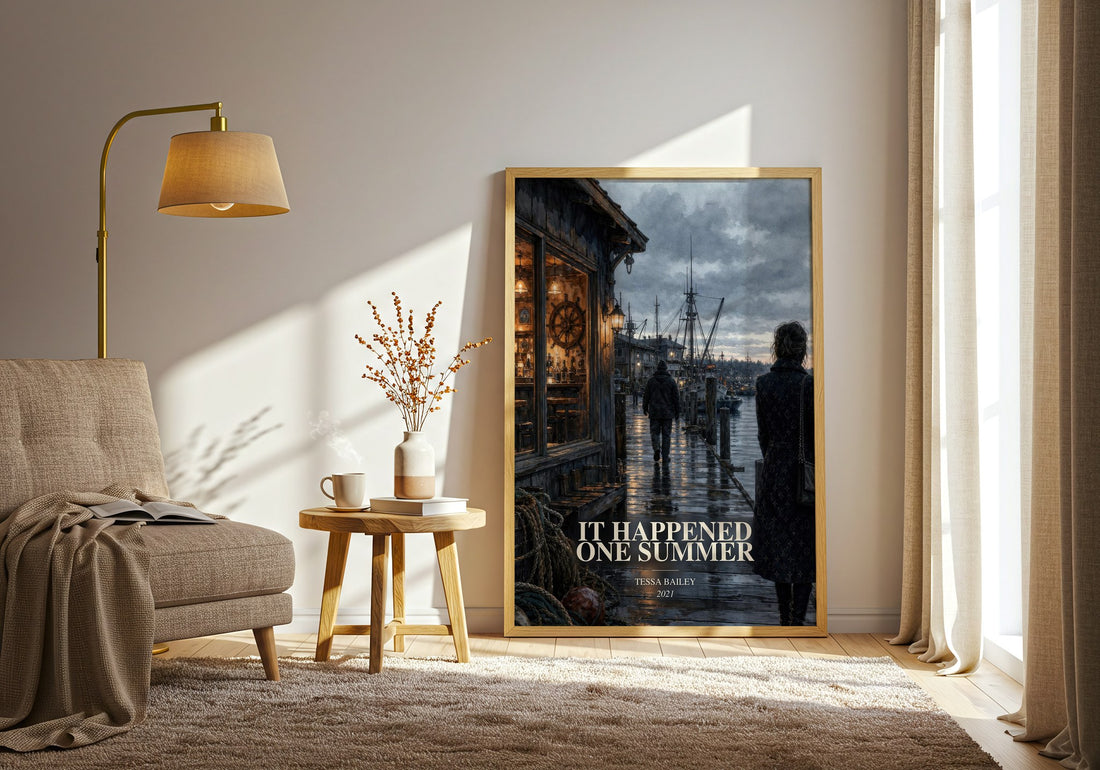 It Happened One Summer watercolour print in frame leaning in hallway – romance wall art (mockup)