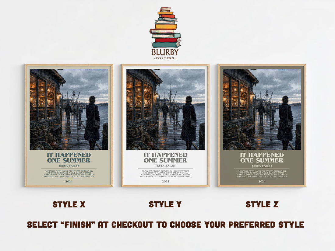 It Happened One Summer bookish print in frame leaning in hallway – romance wall art (mockup)