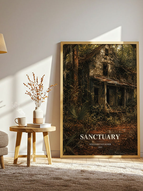 Sanctuary watercolour print in frame leaning in hallway – literary fiction wall art