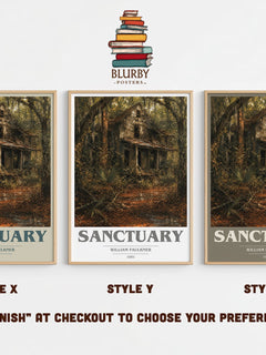 Sanctuary book cover print in frame leaning in hallway – literary fiction wall art