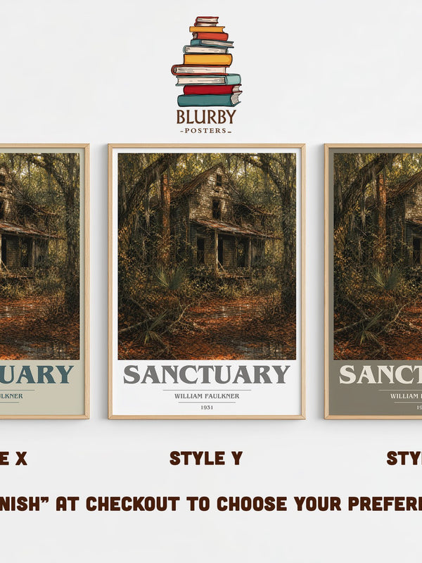 Sanctuary book cover print in frame leaning in hallway – literary fiction wall art