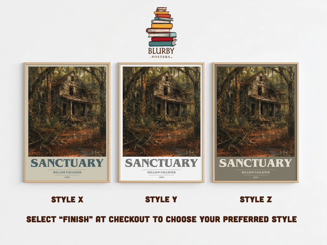 Sanctuary book cover print in frame leaning in hallway – literary fiction wall art (mockup)