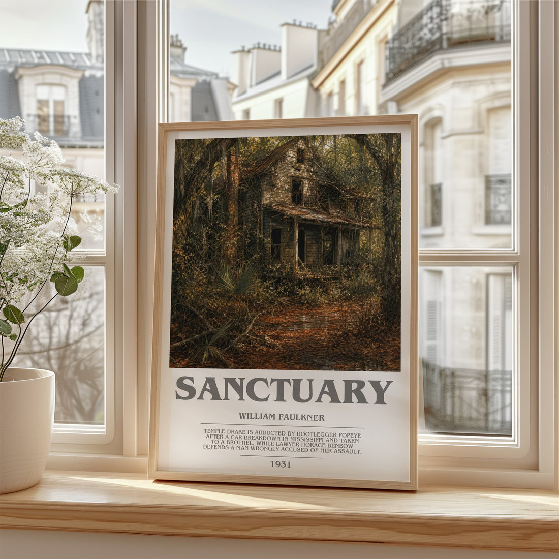 Sanctuary bookish poster colour and style options – William Faulkner book art