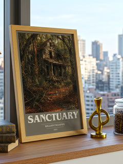Sanctuary book cover print framed by window – literary home decor