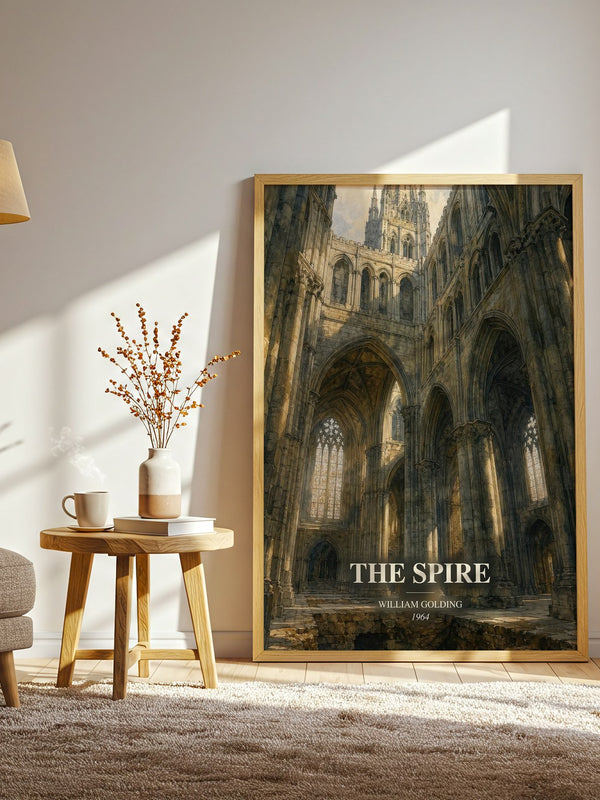 The Spire watercolour print in frame leaning in hallway – literary fiction wall art