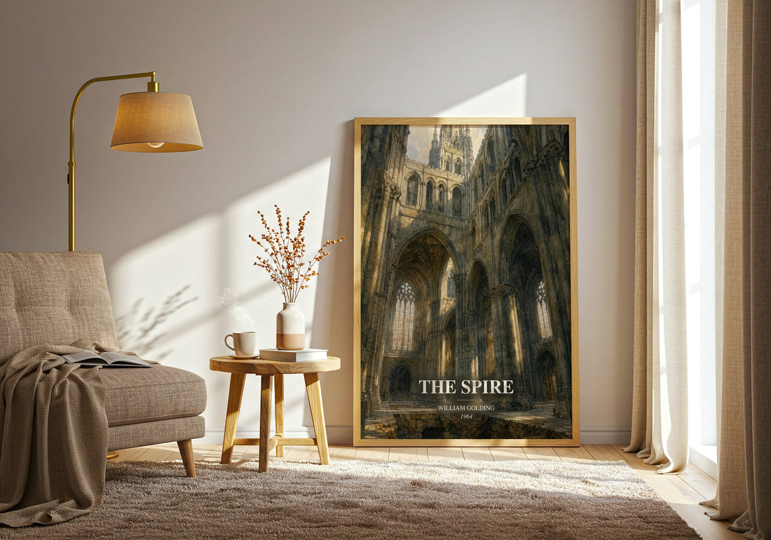 The Spire watercolour print in frame leaning in hallway – literary fiction wall art (mockup)
