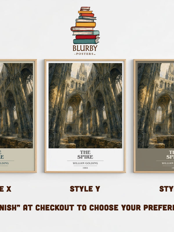 The Spire book cover print in frame leaning in hallway – literary fiction wall art