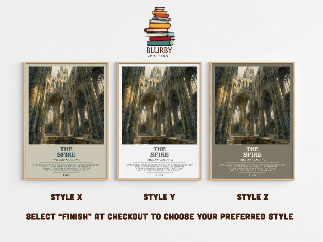 The Spire bookish print in frame leaning in hallway – literary fiction wall art (mockup)